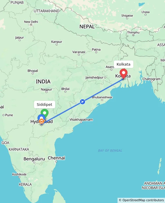 Route map showing distance and travel time from Siddipet, India to Kolkata, India