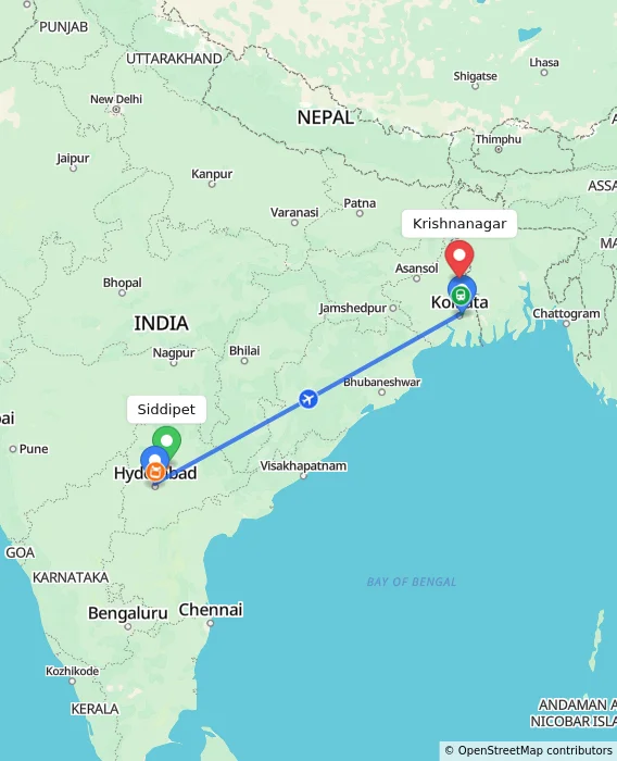 Route map showing distance and travel time from Siddipet, India to Krishnanagar, India