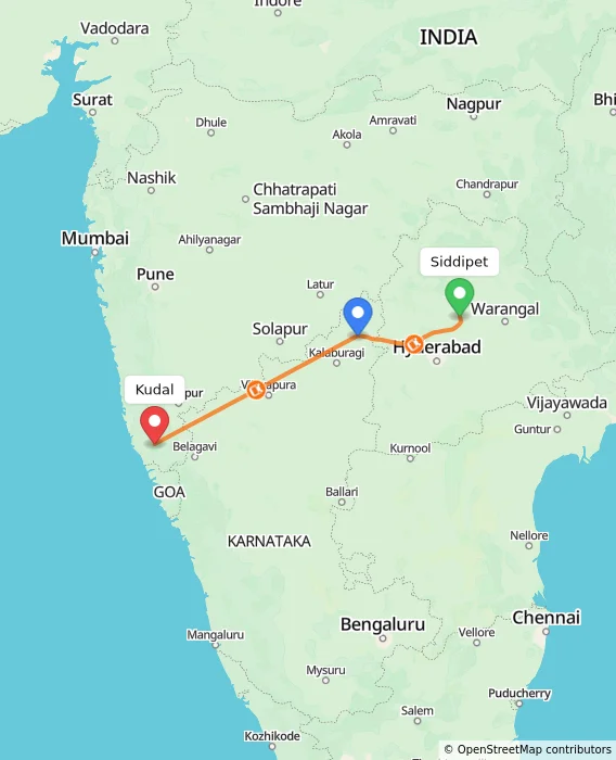 Route map showing distance and travel time from Siddipet, India to Kudal, India