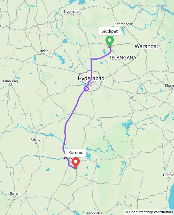 Route map showing distance and travel time from Siddipet, India to Kurnool, India