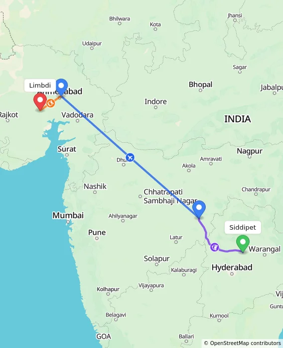 Route map showing distance and travel time from Siddipet, India to Limbdi, India