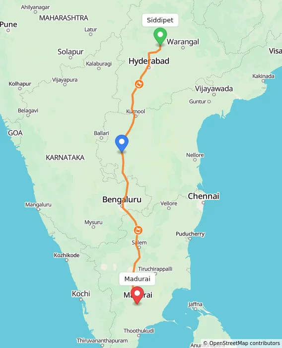 Route map showing distance and travel time from Siddipet, India to Madurai, India