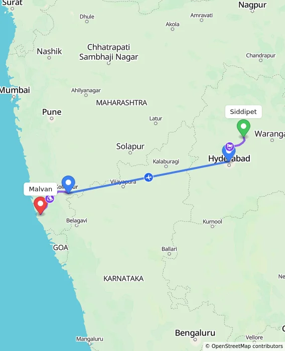 Route map showing distance and travel time from Siddipet, India to Malvan, India