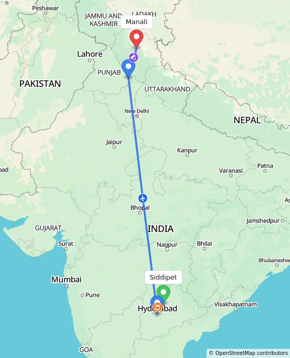 Route map showing distance and travel time from Siddipet, India to Manali, India