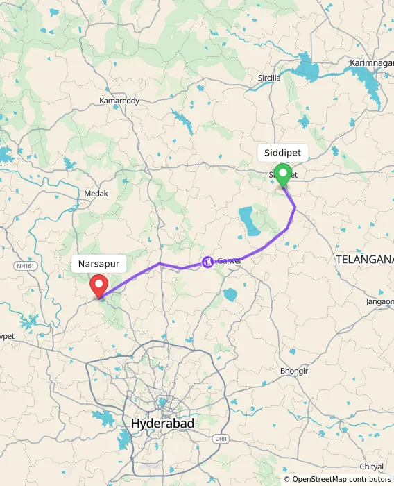 Route map showing distance and travel time from Siddipet, India to Narsapur, India