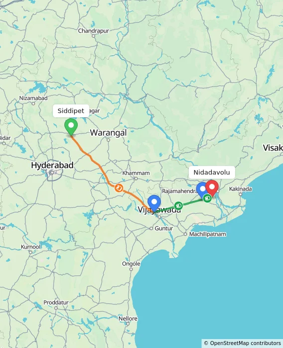 Route map showing distance and travel time from Siddipet, India to Nidadavolu, India