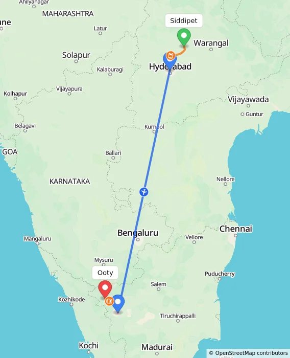 Route map showing distance and travel time from Siddipet, India to Ooty, India