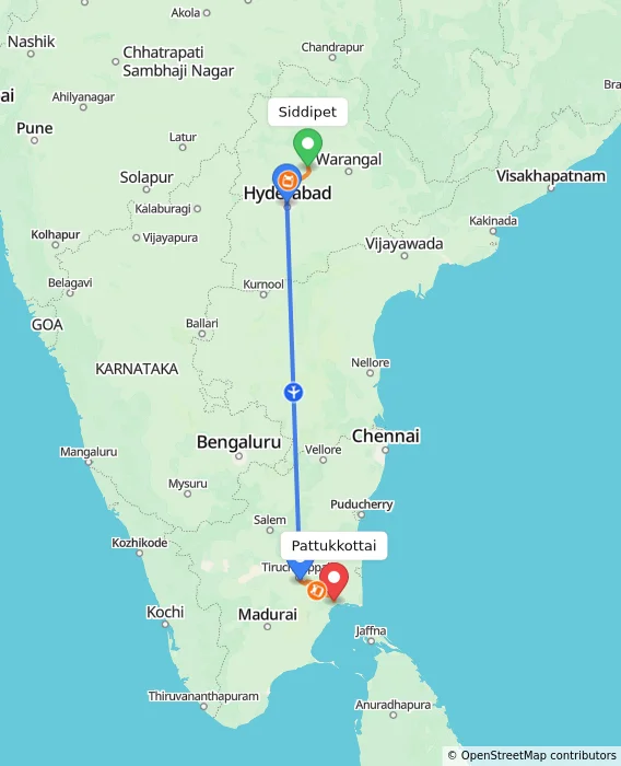 Route map showing distance and travel time from Siddipet, India to Pattukkottai, India
