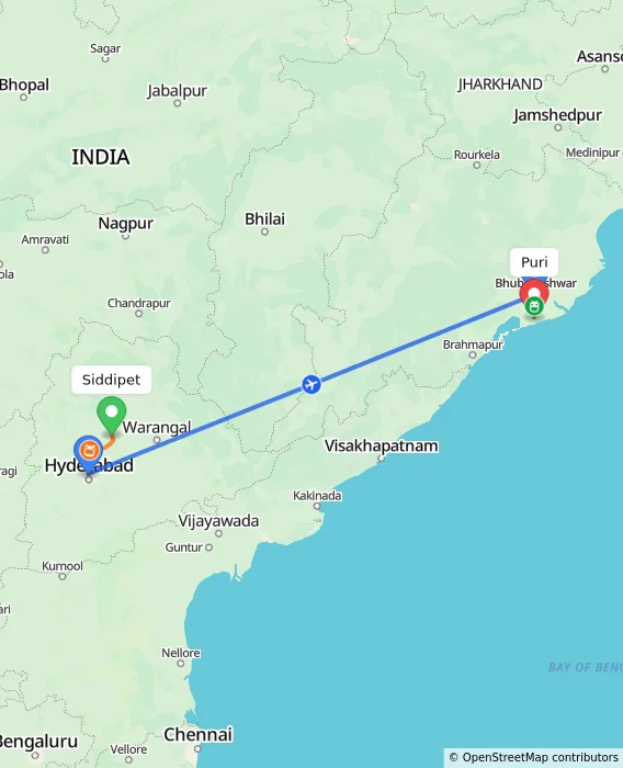 Route map showing distance and travel time from Siddipet, India to Puri, India