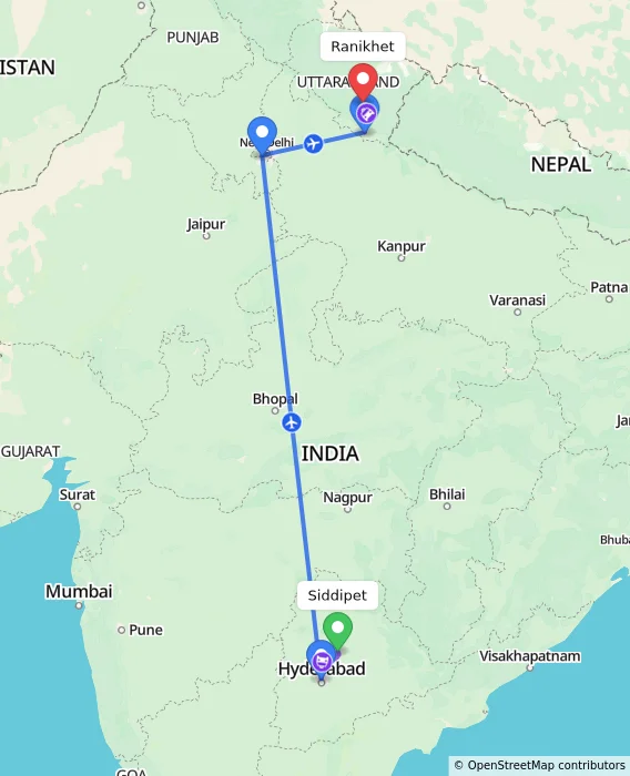 Route map showing distance and travel time from Siddipet, India to Ranikhet, India