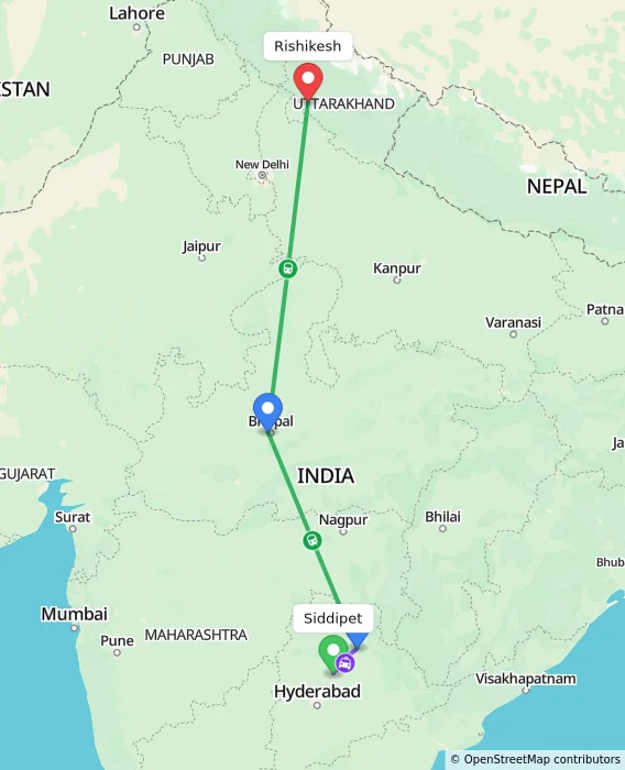 Route map showing distance and travel time from Siddipet, India to Rishikesh, India