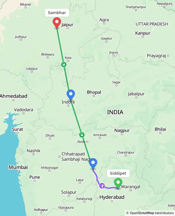 Route map showing distance and travel time from Siddipet, India to Sambhar, India