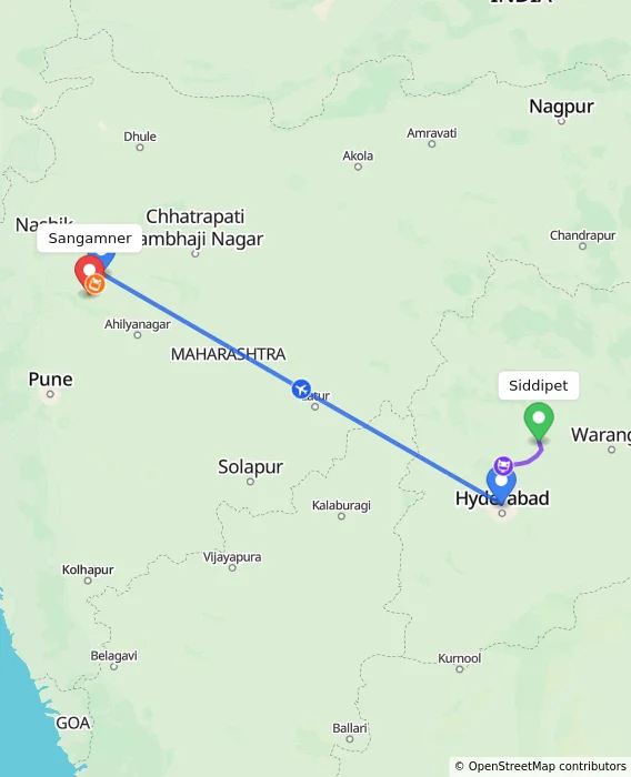 Route map showing distance and travel time from Siddipet, India to Sangamner, India