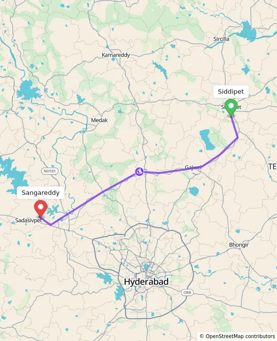 Route map showing distance and travel time from Siddipet, India to Sangareddy, India