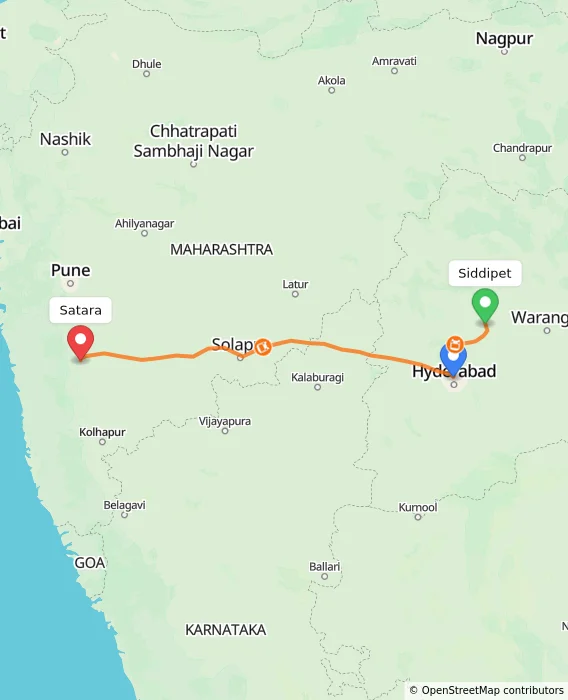 Route map showing distance and travel time from Siddipet, India to Satara, India