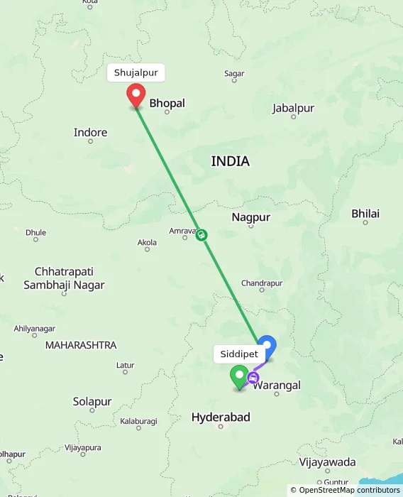 Route map showing distance and travel time from Siddipet, India to Shujalpur, India