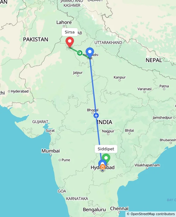 Route map showing distance and travel time from Siddipet, India to Sirsa, India