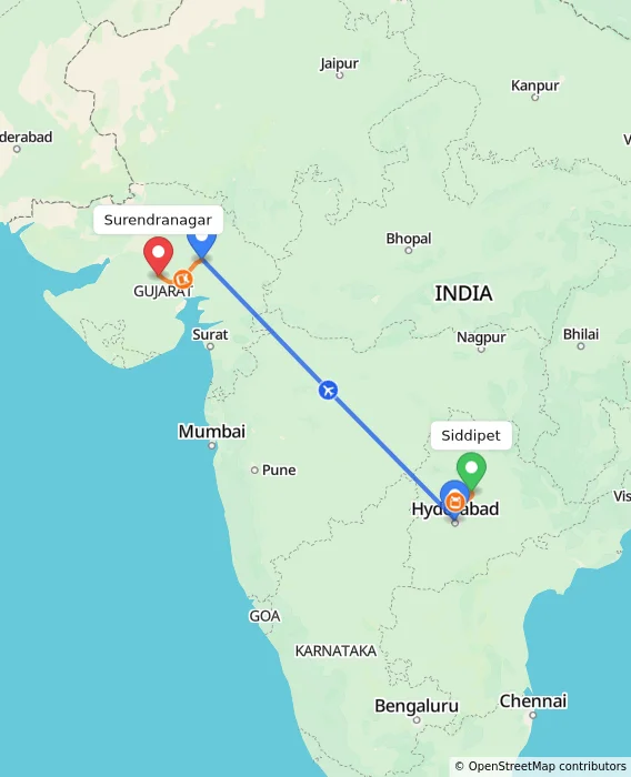 Route map showing distance and travel time from Siddipet, India to Surendranagar, India