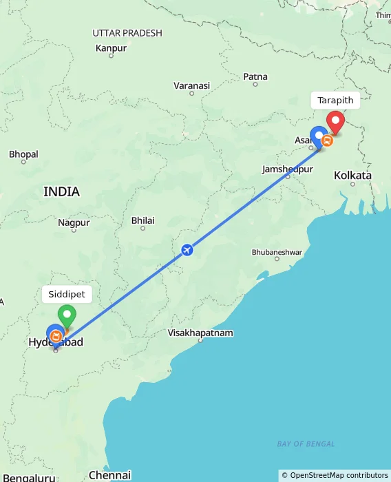 Route map showing distance and travel time from Siddipet, India to Tarapith, India