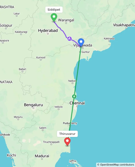 Route map showing distance and travel time from Siddipet, India to Thiruvarur, India