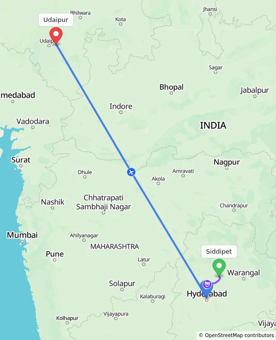 Route map showing distance and travel time from Siddipet, India to Udaipur, India