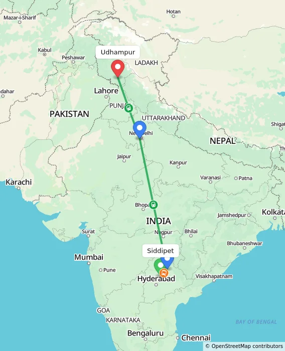 Route map showing distance and travel time from Siddipet, India to Udhampur, India