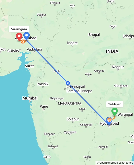 Route map showing distance and travel time from Siddipet, India to Viramgam, India