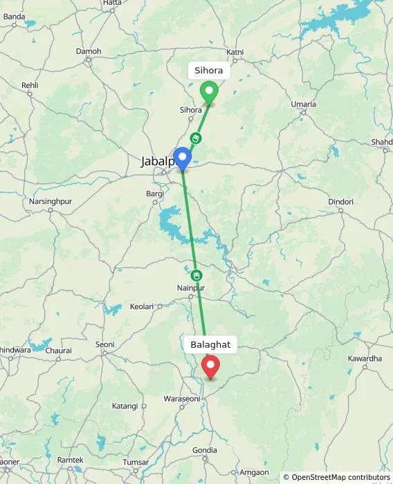 Route map showing distance and travel time from Sihora, India to Balaghat, India