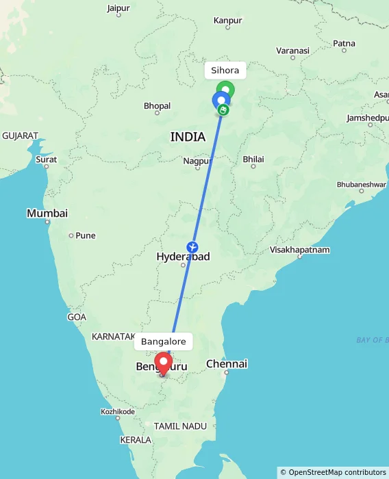 Route map showing distance and travel time from Sihora, India to Bangalore, India