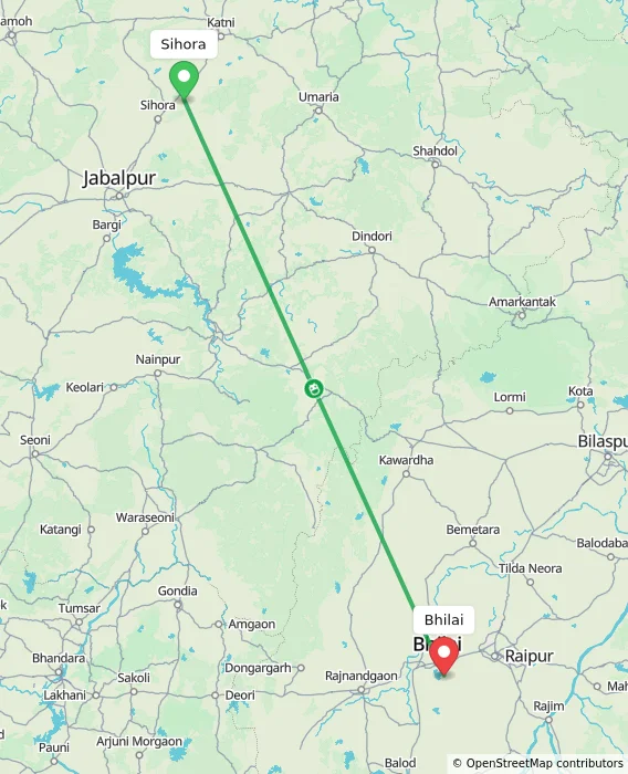 Route map showing distance and travel time from Sihora, India to Bhilai, India