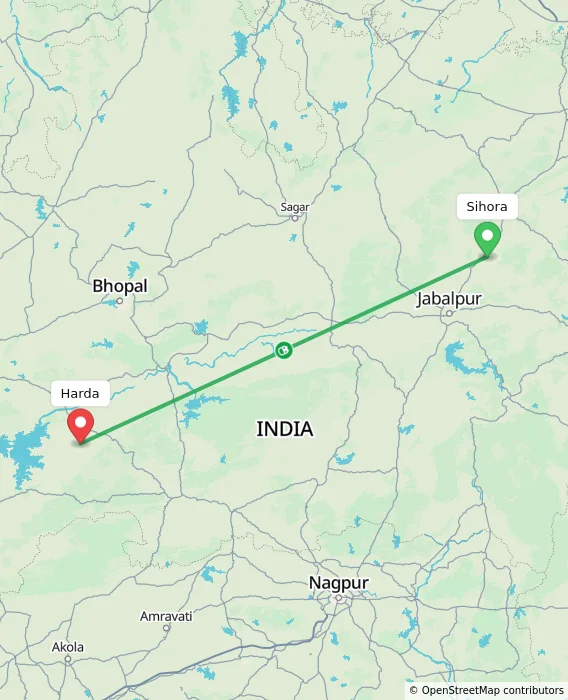 Route map showing distance and travel time from Sihora, India to Harda, India