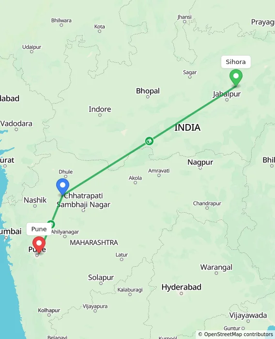 Route map showing distance and travel time from Sihora, India to Pune, India