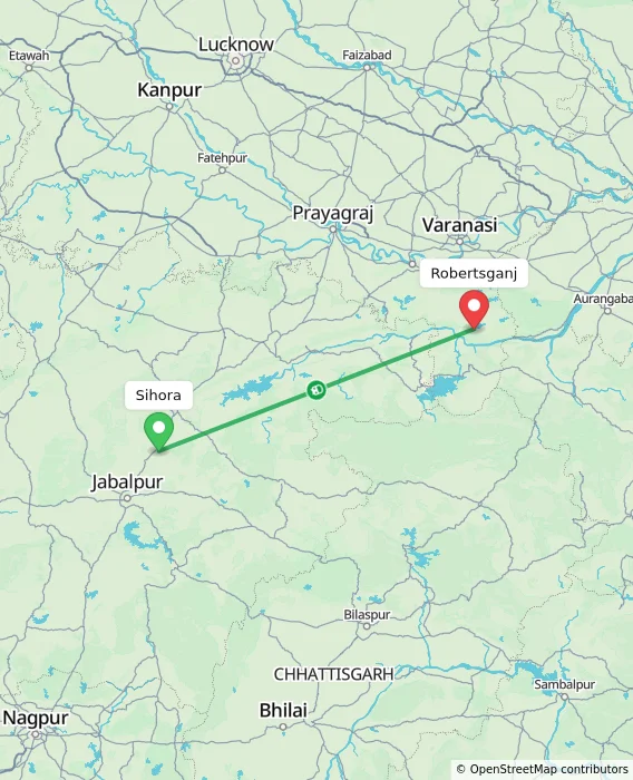 Route map showing distance and travel time from Sihora, India to Robertsganj, India