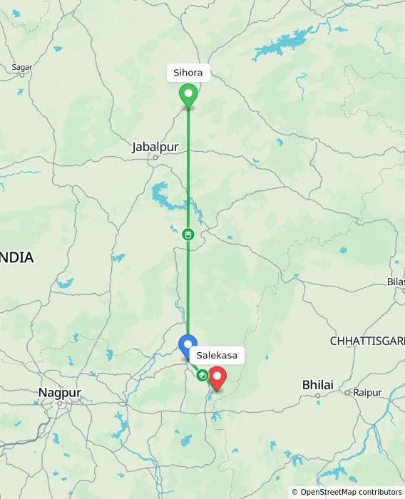 Route map showing distance and travel time from Sihora, India to Salekasa, India
