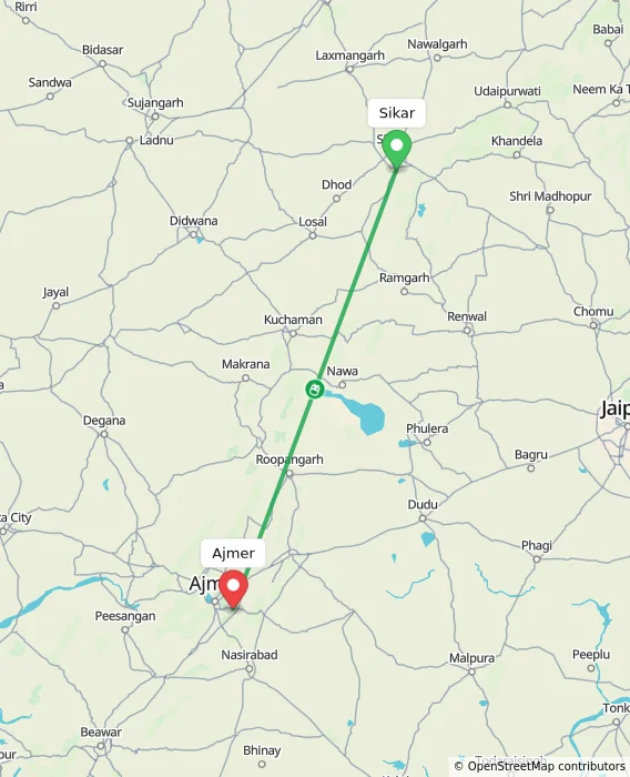 Route map showing distance and travel time from Sikar, India to Ajmer, India