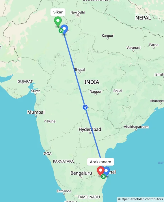 Route map showing distance and travel time from Sikar, India to Arakkonam, India