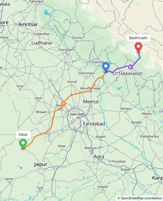 Route map showing distance and travel time from Sikar, India to Badrinath, India