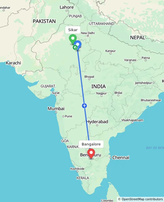 Route map showing distance and travel time from Sikar, India to Bangalore, India