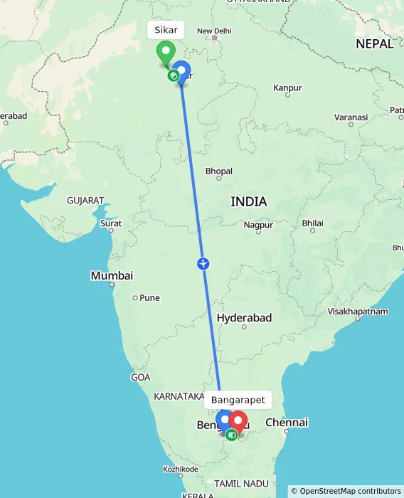 Route map showing distance and travel time from Sikar, India to Bangarapet, India