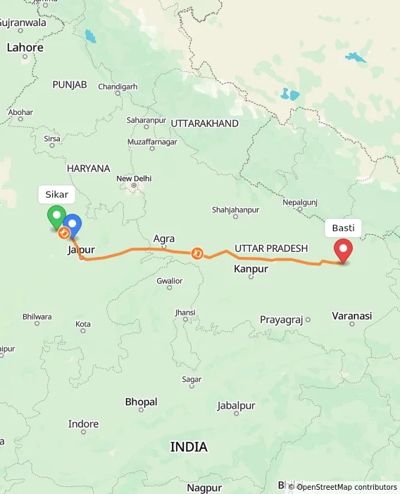 Route map showing distance and travel time from Sikar, India to Basti, India
