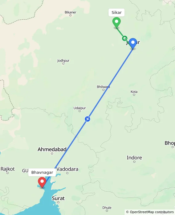 Route map showing distance and travel time from Sikar, India to Bhavnagar, India