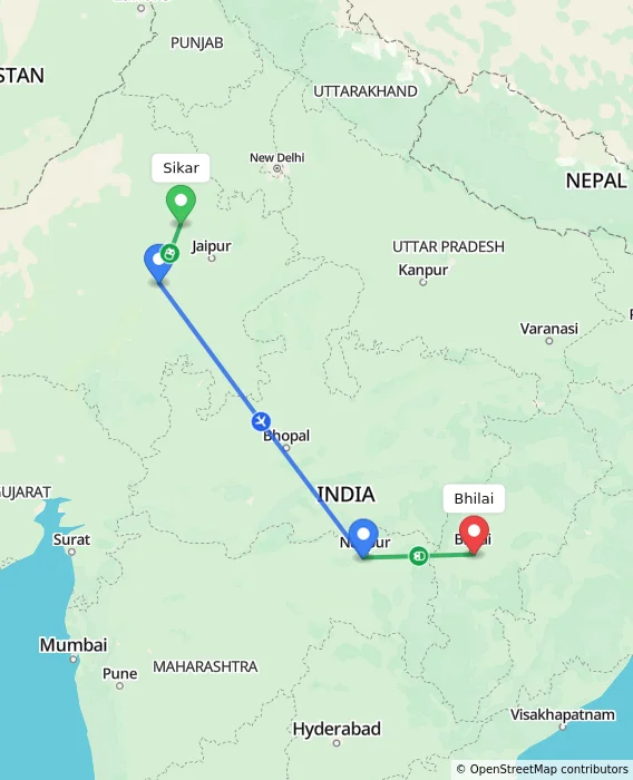 Route map showing distance and travel time from Sikar, India to Bhilai, India