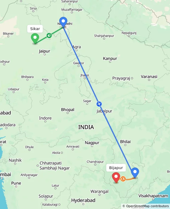 Route map showing distance and travel time from Sikar, India to Bijapur, India