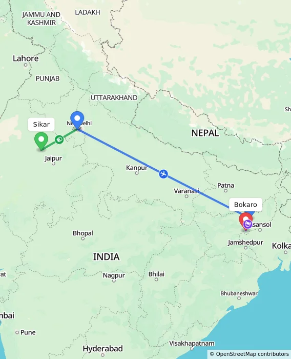 Route map showing distance and travel time from Sikar, India to Bokaro, India