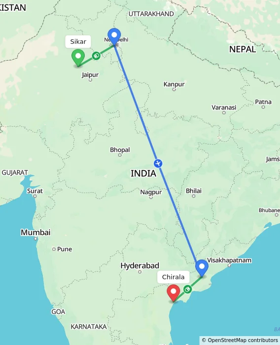Route map showing distance and travel time from Sikar, India to Chirala, India