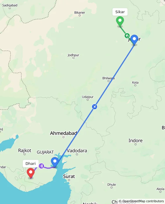 Route map showing distance and travel time from Sikar, India to Dhari, India