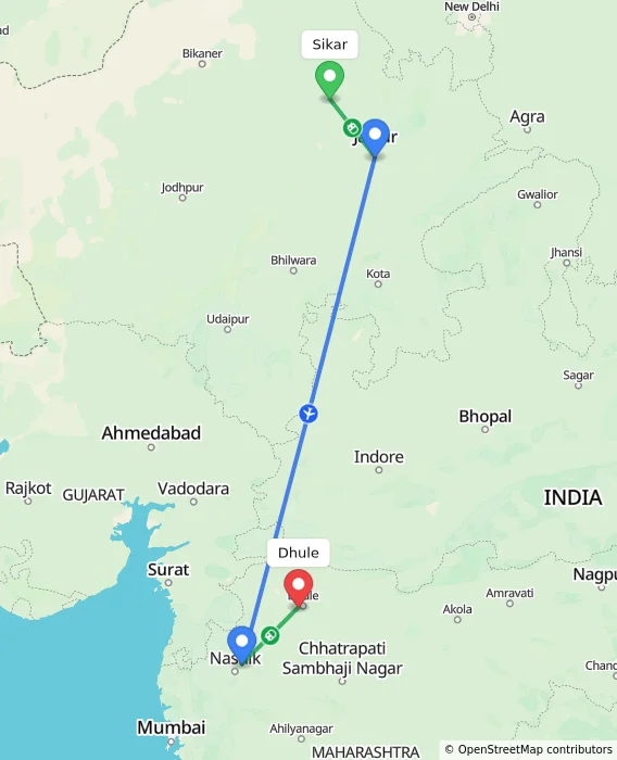 Route map showing distance and travel time from Sikar, India to Dhule, India