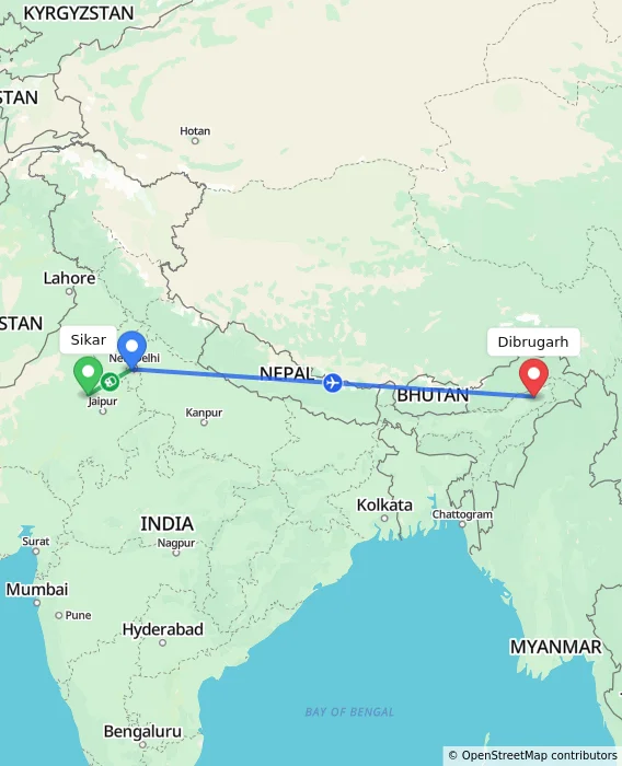 Route map showing distance and travel time from Sikar, India to Dibrugarh, India