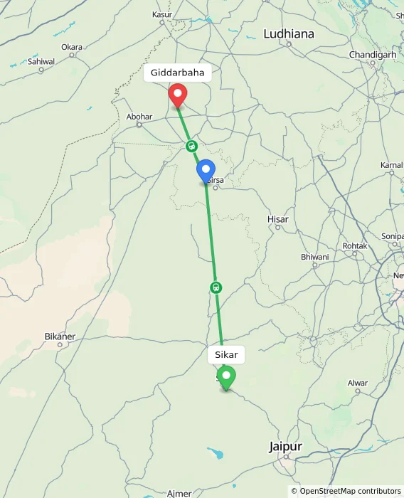 Route map showing distance and travel time from Sikar, India to Giddarbaha, India