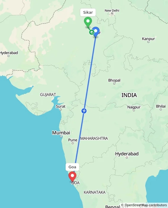 Route map showing distance and travel time from Sikar, India to Goa, India